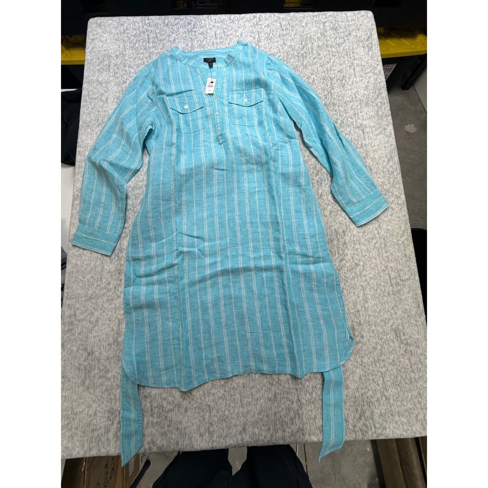 Talbots Petite Linen Blend Striped Tunic Shirt Turquoise White PM 56110647